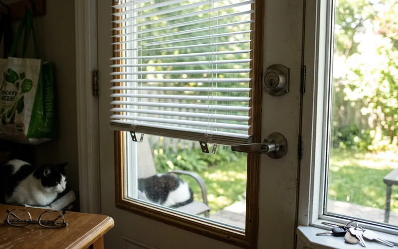 Close-up of a mini blind with hold-down brackets on Ottawa door glass