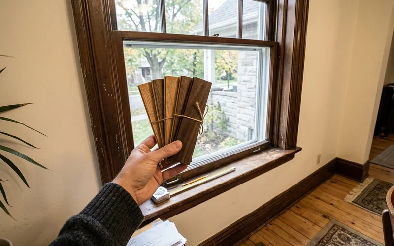 Stain samples held against original wood trim in a Glebe home