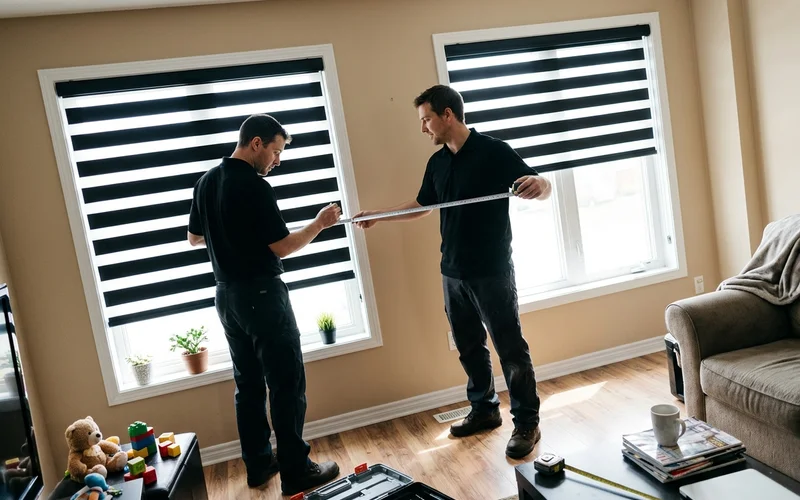 Installer checking zebra blind band alignment on a Barrhaven living room window