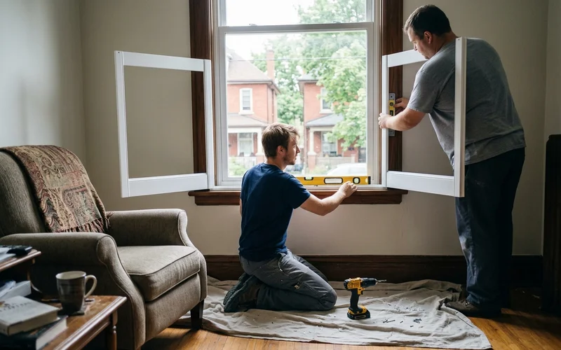 Installer fitting a plantation shutter frame in an Ottawa window