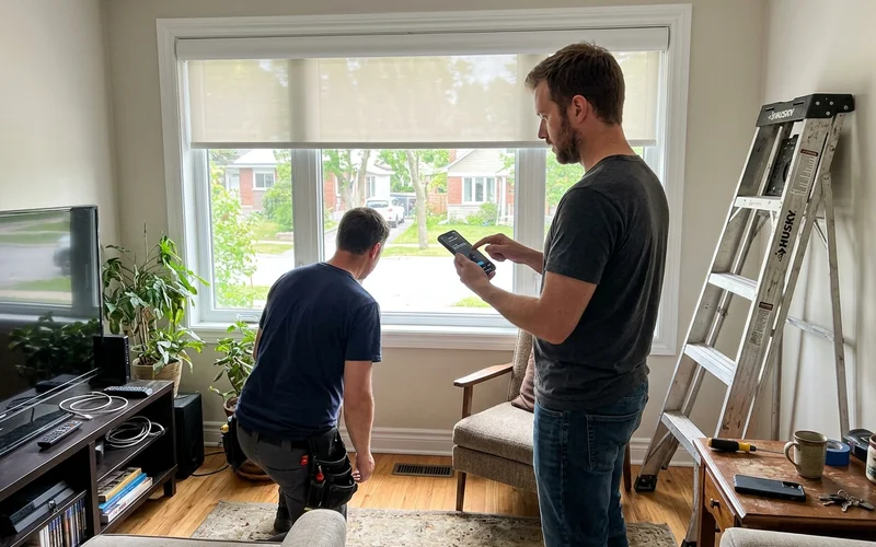 Installer pairing motorized shades with a smart home app in an Ottawa living room