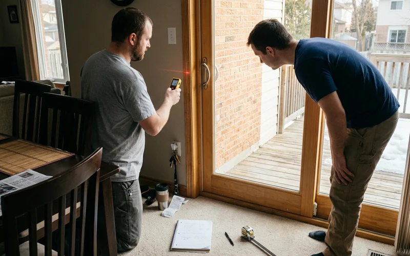Measurer checking stack-back width beside an Ottawa sliding patio door