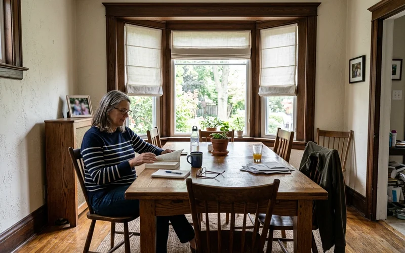 McKellar Park brick home dining room with linen roman shades inside deep recesses