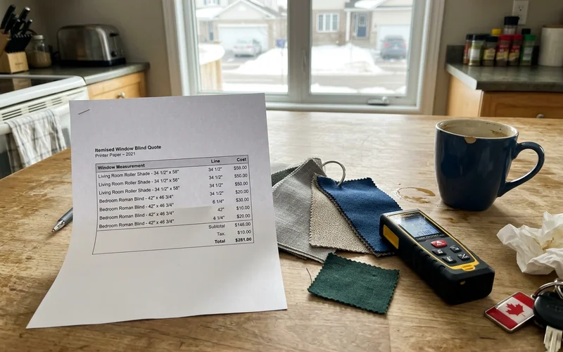 Itemised window blind quote on a kitchen table beside fabric samples and a laser measure