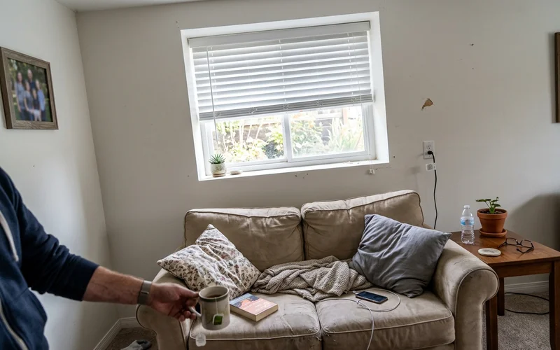Pineview basement window with a white mini blind mounted flush inside a shallow recess