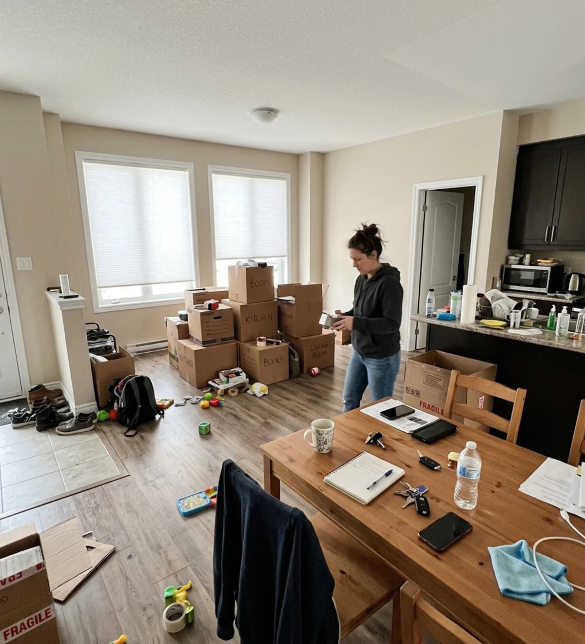 New-build Barrhaven townhome main floor with white cordless cellular shades and moving boxes