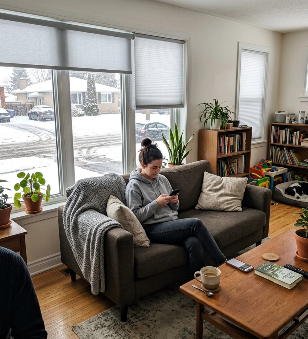 Bright Ottawa living room with custom roller and cellular shades on large windows