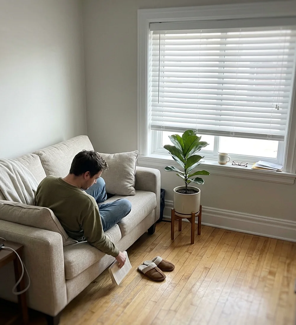 Bright white faux wood blinds matched to white window trim in an Ottawa living room