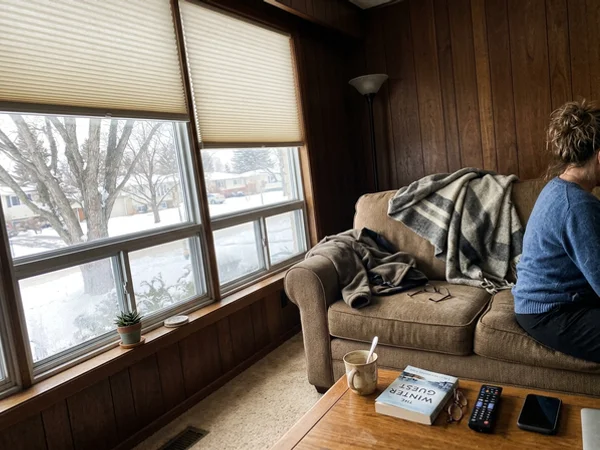 Cellular shades on 1970s windows in a Blackburn Hamlet living room