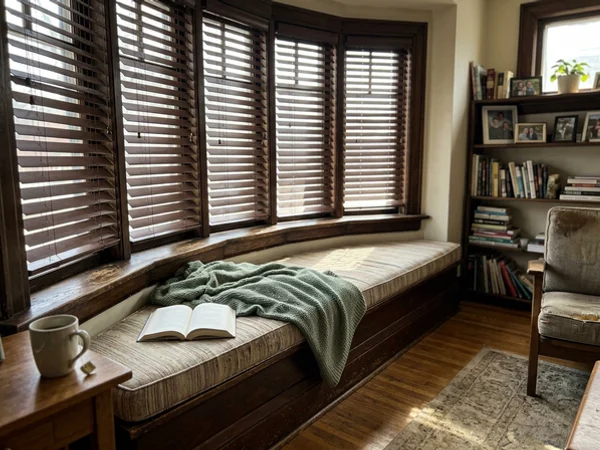 Rockcliffe Park curved bay windows fitted with stained wood blinds