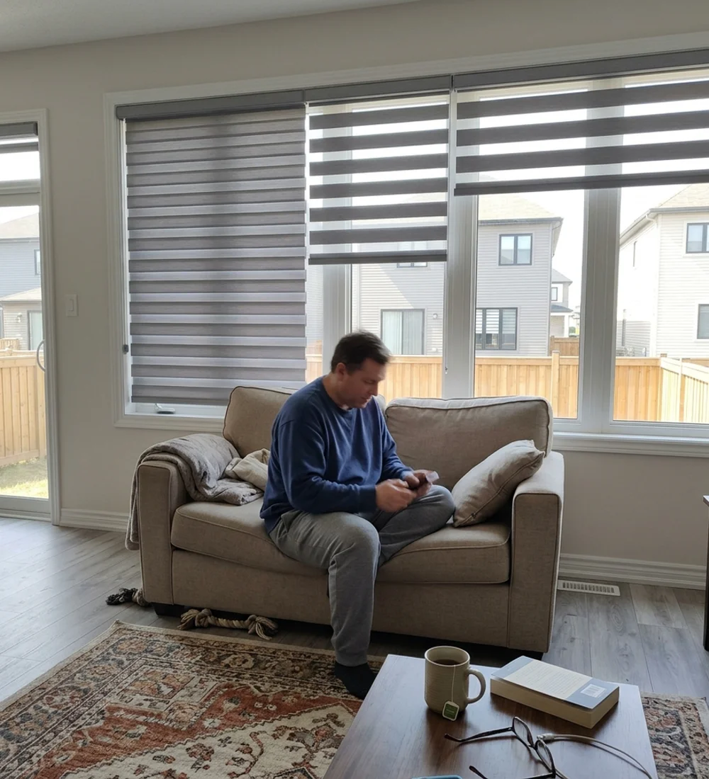 Grey zebra blinds with alternating sheer and solid bands in a Barrhaven new-build living room