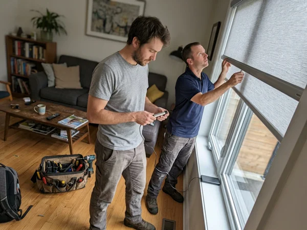 Installer charging a motorized shade battery wand in a Westboro living room