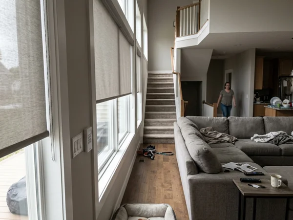 Kanata great room with hardwired motorized shades and a wall keypad