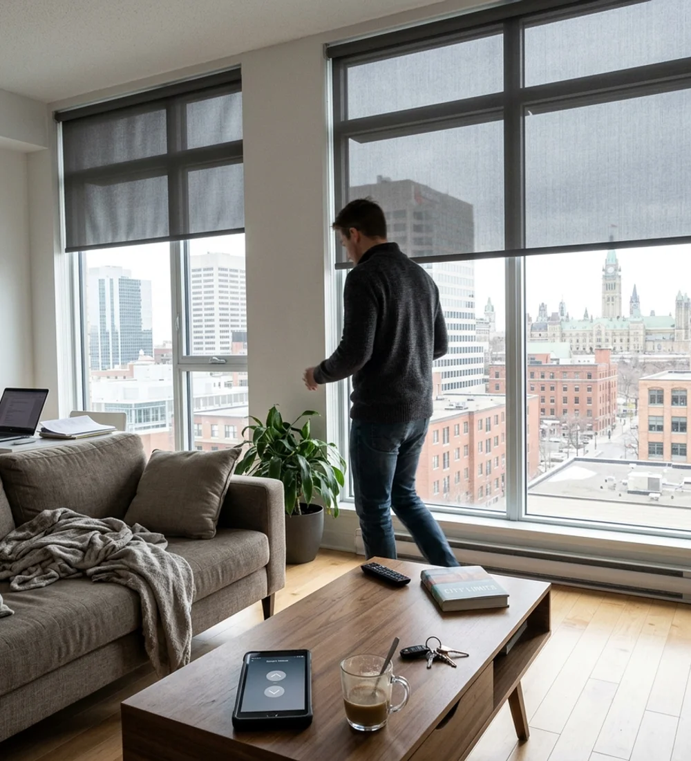 Motorized roller shades lowering on tall windows in a modern Ottawa condo living room