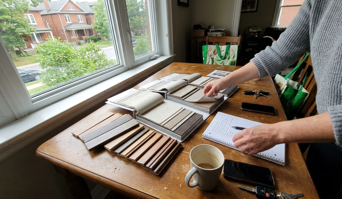 Blind fabric and wood slat sample books open on a dining table in an Ottawa home