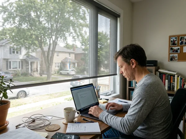 Solar screen roller shade cutting glare in a Westboro home office