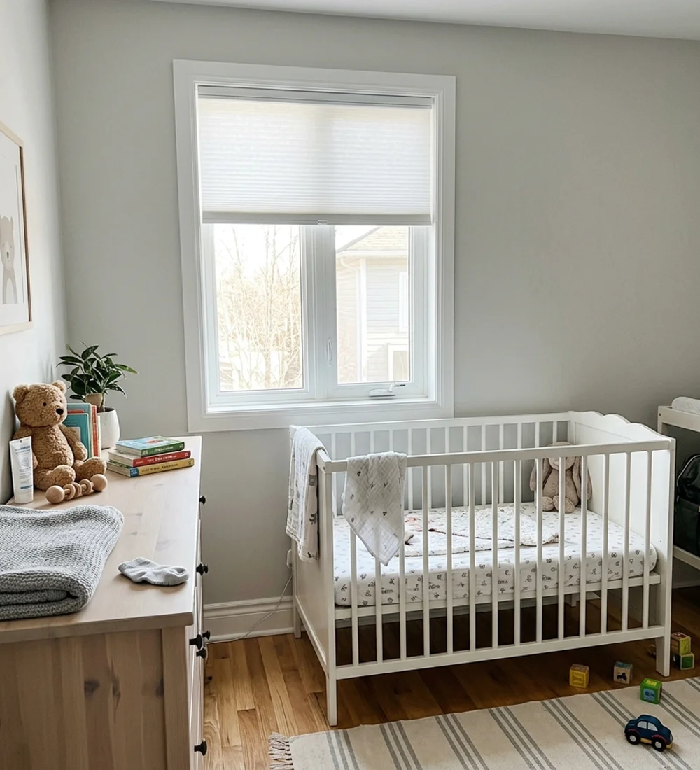 Cordless cellular shade raised halfway in an Ottawa nursery with no cords hanging