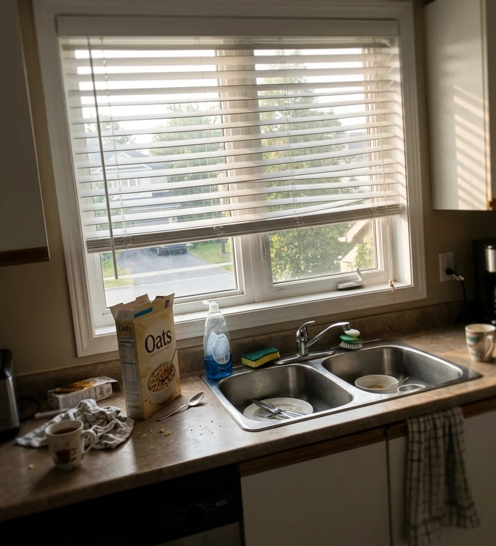 White faux wood blinds tilted open over a kitchen sink window in an Ottawa home