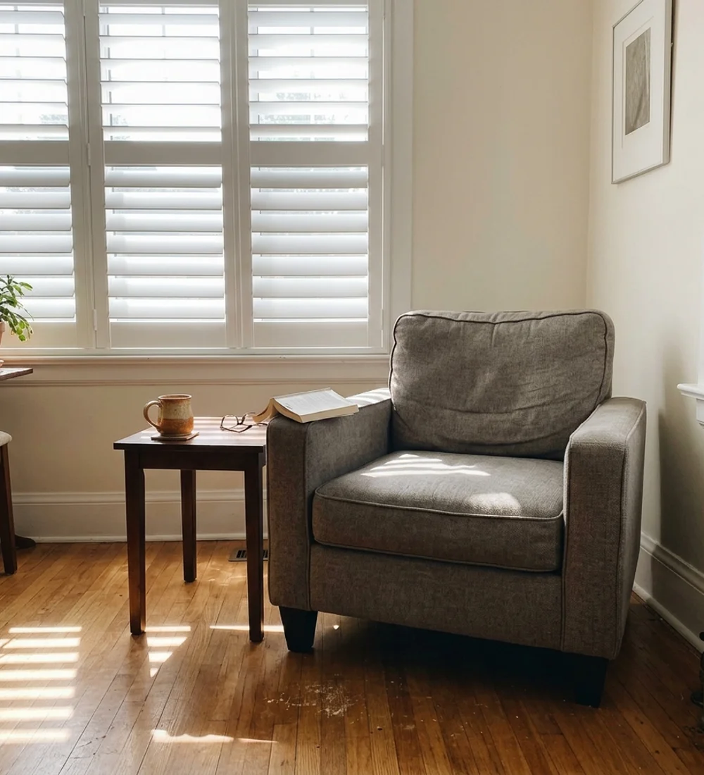 White hardwood plantation shutters with louvers tilted open in an Ottawa front room